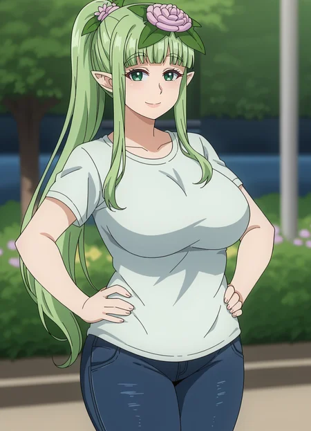<lora:Kusahanada-Elf-san_wa_Yaserarenai.:0.8>,Kusahanada,1girl,solo,green hair,pointy ears,green eyes,hair flower,long hair,ponytail,large breasts,shirt,denim,pants,cowboy shot,hands on own hips,looking at viewer,outdoors,smile