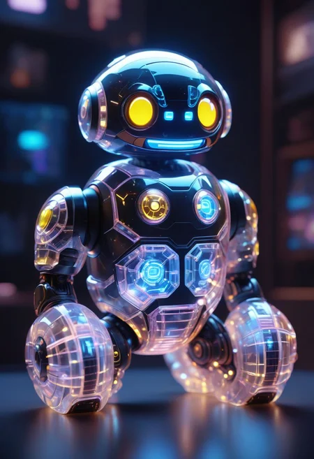 cute aesthetic, a (tiny cute translucent polycarbonate robot) with an LED screen face, emoticon, stunning unreal engine render, intricate details