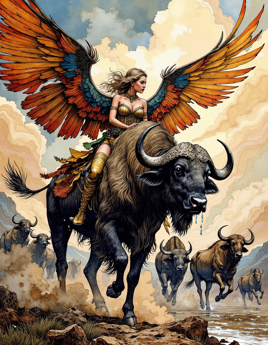 This is a digital artwork created in a mixed media style, blending elements of watercolor and ink.
side view, a beautiful girl with big colorful leather wings is riding on a big buffalo, sexy body with golden outfit, the buffalo is very anxious, saliva on its snout, many othe buffalos running in the background stampede, dramatic sky, scary scene, action, scary, best quality, epic scene, Dungeons and dragons atmosphere, heroic fantasy. <lora:Illustration_Style_IV-3:0.9>