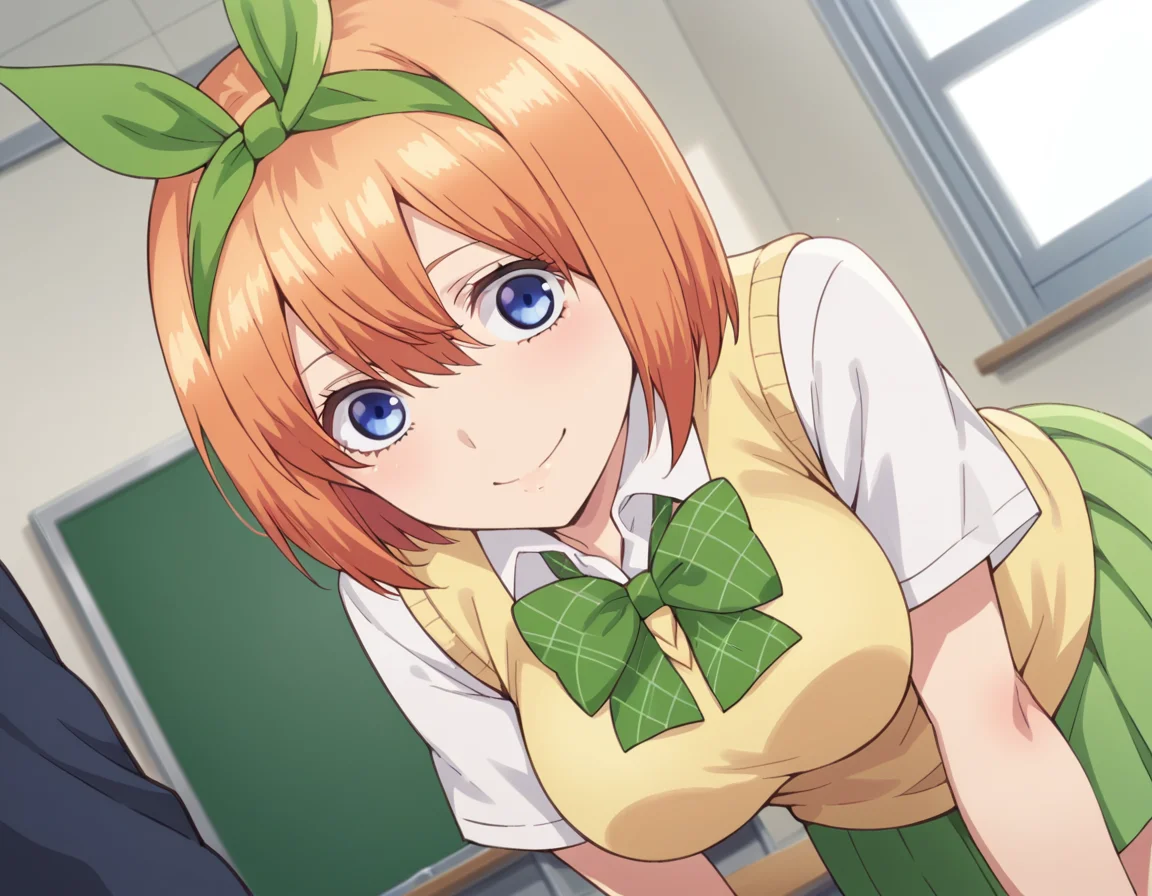 score_9, score_8_up, score_7_up, source_anime,
yotsubanakano, <lora:yotsuba-nakano-s1-ponyxl-lora-nochekaiser:1>,
yotsuba nakano, bangs, short hair, blue eyes, hair between eyes, hair ribbon, hairband, orange hair, green ribbon, mature female,
skirt, shirt, bow, ribbon, school uniform, white shirt, short sleeves, pleated skirt, collared shirt, miniskirt, bowtie, kneehighs, green skirt, green bow, sweater vest, green ribbon, yellow sweater vest,
indoors, classroom, bent over, smile,
looking at viewer, cowboy shot, dutch angle, solo,
