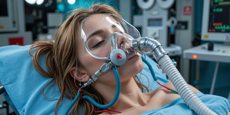 side view close-up of a girl wearing futuristic glass medical oxygen mask lying on surgery table with eyes closed,complex components,red wires,vital data display machines in the background,highly detailed,ultra-high resolutions,32K UHD,best quality,masterpiecedetailed face,(Perspective:1.1),hazy,low-key:1.1,Depth of field,(8k, RAW photo, best quality, Masterpiece:1.2),(Realistic, realistic:1.4),(Detailed face:1.4),(Beautiful detailed eyes:1.2),
