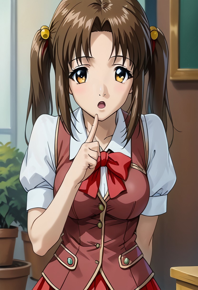 SCORE_9, SCORE_8_UP, SOURCE_ANIME, REALISTIC, HEAD FOCUS, UPPER BODY, PORTRAIT, BREAK, 1FEMALE, SOLO, YUNA WAKAO, BROWN HAIR, TWINTAILS, HAIRTIE, AMBER EYES, CURIOUS, SUPRISED, OPEN MOUTH, FINGER POINTING AT CHIN, SCHOOLGIRL VEST, SHORT SLEEVES, BOWTIE, MINI SKIRT, BENDING FORWARD, HANDS BEHIND BACK, BREAK, SUNNY DAY, GARDEN, HIGH RESOLUTION, VIVID TEXTURES