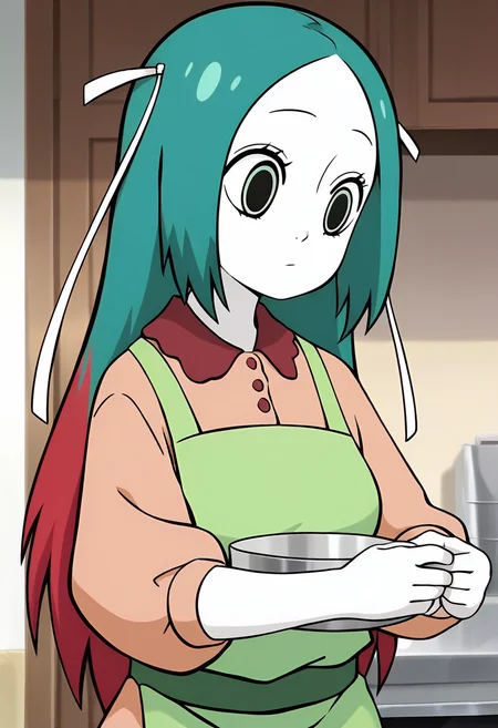 <lora:jingwei:1>,jingwei,1girl,solo,long hair,multicolored hair,red hair,green hair,hair ribbon,white ribbon,black_pulpil,white skin,
green apron, shirt,, masterpiece,best quality,amazing quality,absurdres, anime screenshot,