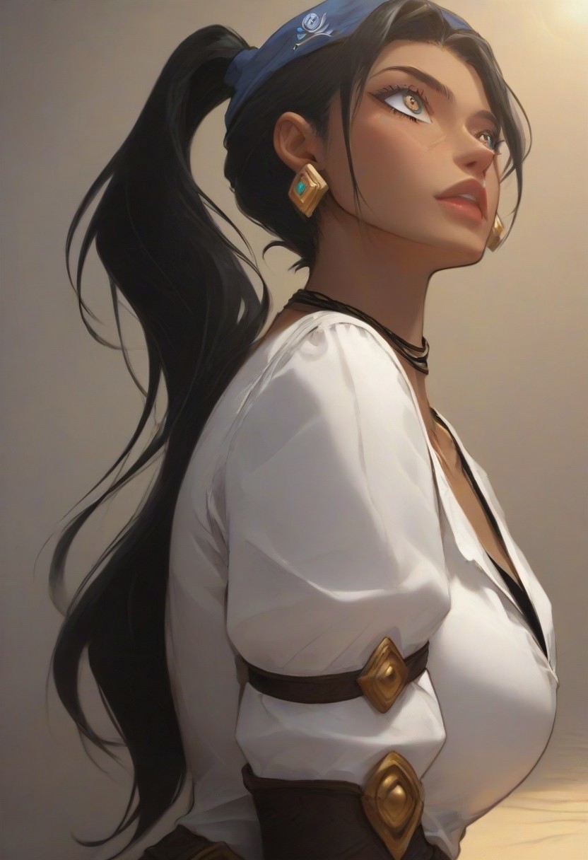 (score_9, score_8_up, score_7_up), score_6_up, best quality, masterpiece, extreme detail, perfect lighting, 4k, 2d, very detailed, best quality, highly detailed texture, depth of field, masterpiece, BREAK, 1girl, ChelXLP, chel, majestic,beautiful bright pupils, black hair, ((ponytail)), green earrings, cute face, (gorgeous face:1.3), (skin detail:1.3), (shadows:1.3), (oily, shiny:1.3), long hair, massive firm breasts,perfect body,bubble butt,
(( bandana, white shirt, cleavage, jewelry, black pants, necklace, belt, earrings, black bra, black boots, bare shoulders, long sleeves, choker, corset, ear piercing )), 
((relaxed)), detailed, intricate details,flowing hair, long wavy hair, fantasy, solo focus,epic,  (front view), dark skin,Sculpted grace,1990s \(style\),Vintage