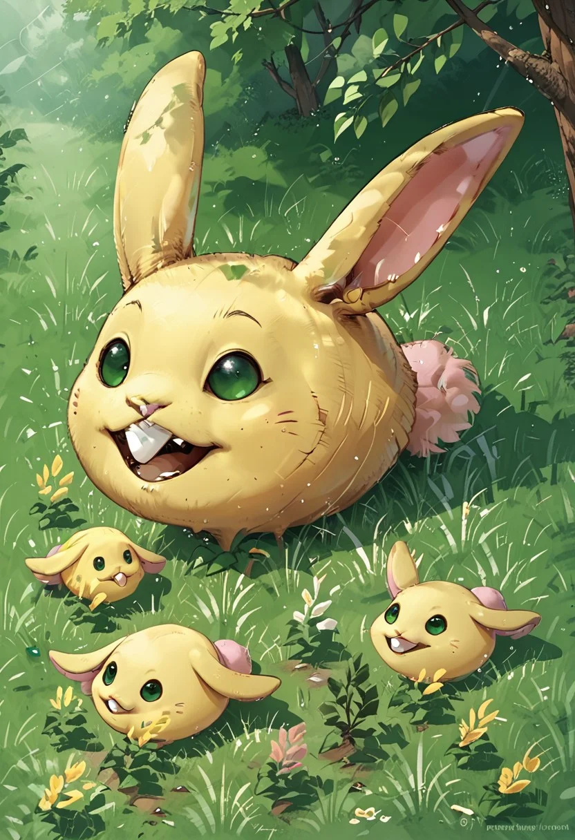 score_9, score_8_up, score_7_up,highly detailed, rabite,green eyes,open mouth,body fur,teeth,creature, outside, woods