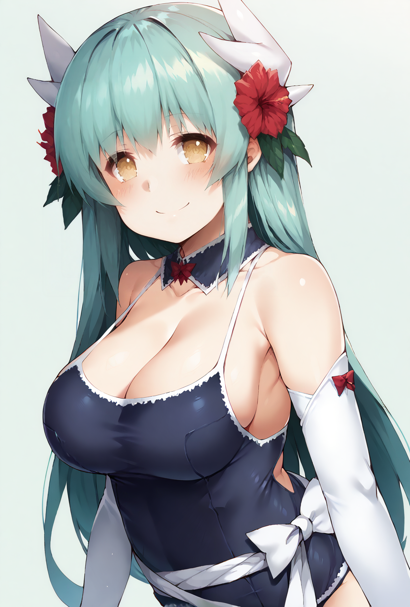 score_9,score_7_up,  <lora:kiyohime_(lancer)_XL_1:1>1girl,  bbkiyo, long hair, aqua hair, white horns, hair flower, red hair flower, yellow eyes, detached collar, cleavage, school swimsuit, blue one-piece swimsuit, elbow gloves, white gloves, white sash, blush, smile,   big breasts,    <lora:kamata_yuuya-Style-PonyXL-GLoRA-Final-000046:1>