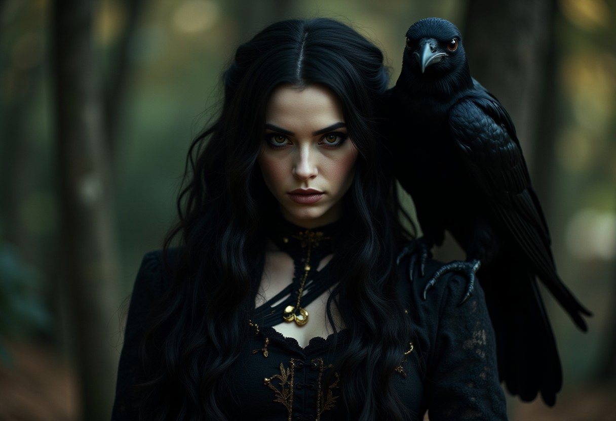 A very real witch. Long hair, bright eyes, sulking, eye contact, crow companion, masterpiece. alienzkin, halloween, witchy outfit, Halloween Theme.