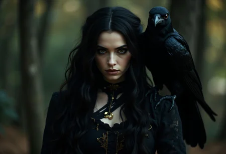 A very real witch. Long hair, bright eyes, sulking, eye contact, crow companion, masterpiece. alienzkin, halloween, witchy outfit, Halloween Theme.