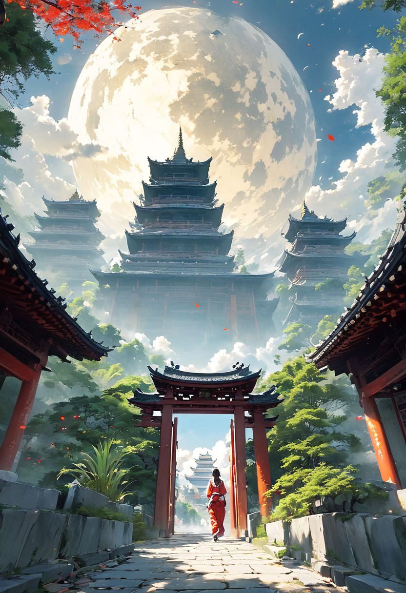sky, pagoda, temple, gate, torn pants, human, forehead marks, blur, plants, floating, Spirited Away