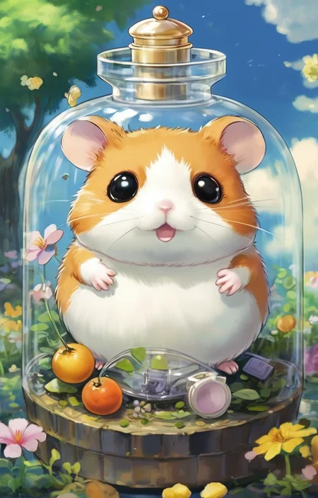 masterpiece,best quality,<lora:tbh253-sdxl:0.9>,illustration,style of Hamtaro A bottle of perfume in garden