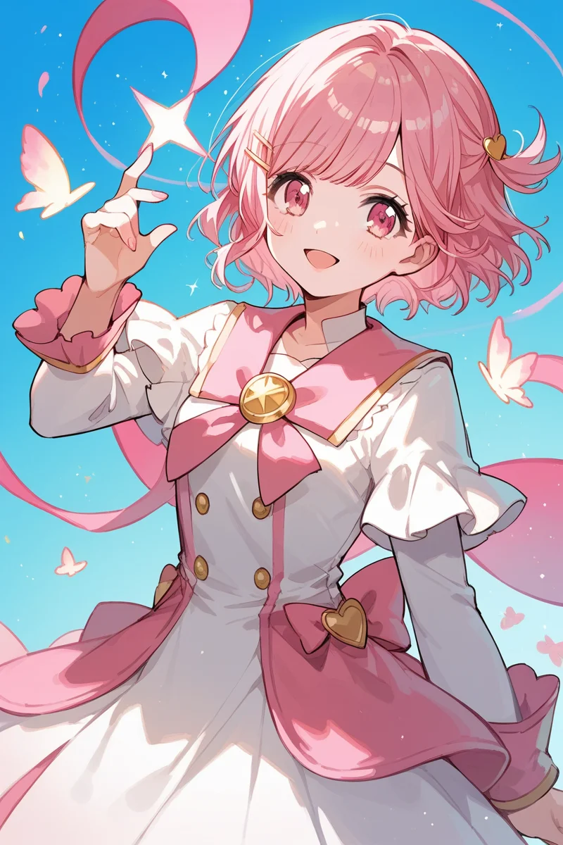 score_9, score_8_up, score_7_up, score_6_up, 1girl,
<lora:Sakurada_Miyu:0.9> miyu, pink hair, pink eyes, short hair, hairclip, pink magical girl, magic, hand up, hand on waist, long sleeves,