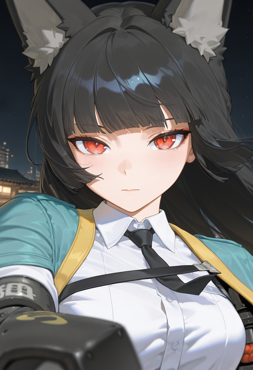masterpiece, best quality, amazing quality, very aesthetic, absurdres,  newest, scenery, 
EBMiyabi, 1girl, solo, animal ear fluff, aqua jacket, black hair, black necktie, blunt bangs, blunt ends, collared shirt, dress shirt, fingerless gloves, fox ears, fox girl, gauntlets, red eyes, face focus, single fingerless gloves, single gauntlet, white shirt, wide sleeves, single mechanical arm, outdoors, rooftop, night sky, close-up, upper body, looking at viewer, expressionless, blush, black background, 
(colorful), masterpiece, best quality, amazing quality, very aesthetic, absurdres,  newest, scenery,   <lora:MiyabiIL-10:1>
