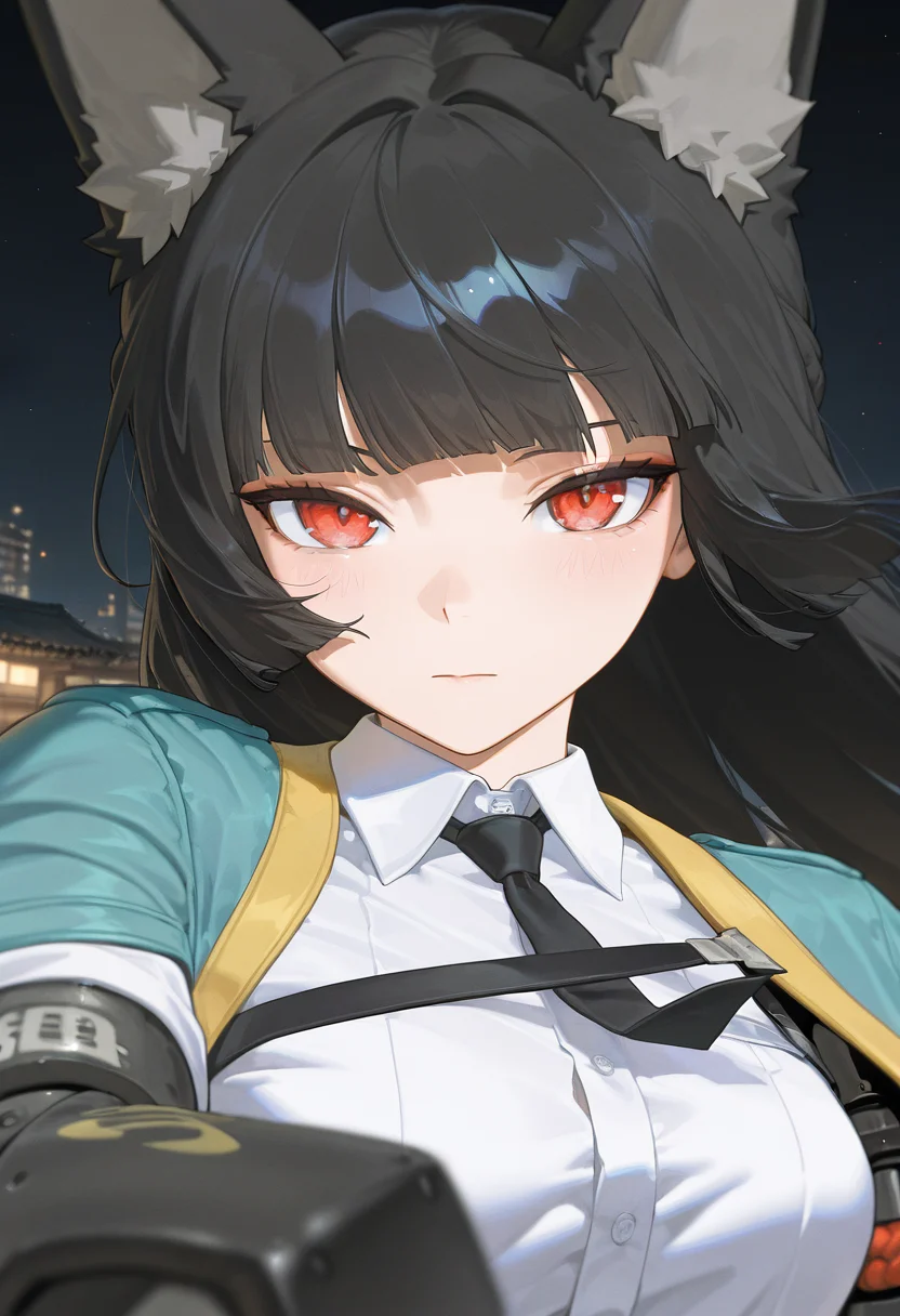 masterpiece, best quality, amazing quality, very aesthetic, absurdres, newest, scenery,
EBMiyabi, 1girl, solo, animal ear fluff, aqua jacket, black hair, black necktie, blunt bangs, blunt ends, collared shirt, dress shirt, fingerless gloves, fox ears, fox girl, gauntlets, red eyes, face focus, single fingerless gloves, single gauntlet, white shirt, wide sleeves, single mechanical arm, outdoors, rooftop, night sky, close-up, upper body, looking at viewer, expressionless, blush, black background,
(colorful), masterpiece, best quality, amazing quality, very aesthetic, absurdres, newest, scenery, <lora:MiyabiIL-10:1>