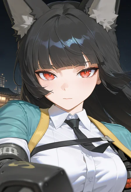masterpiece, best quality, amazing quality, very aesthetic, absurdres,  newest, scenery, 
EBMiyabi, 1girl, solo, animal ear fluff, aqua jacket, black hair, black necktie, blunt bangs, blunt ends, collared shirt, dress shirt, fingerless gloves, fox ears, fox girl, gauntlets, red eyes, face focus, single fingerless gloves, single gauntlet, white shirt, wide sleeves, single mechanical arm, outdoors, rooftop, night sky, close-up, upper body, looking at viewer, expressionless, blush, black background, 
(colorful), masterpiece, best quality, amazing quality, very aesthetic, absurdres,  newest, scenery,   <lora:MiyabiIL-10:1>