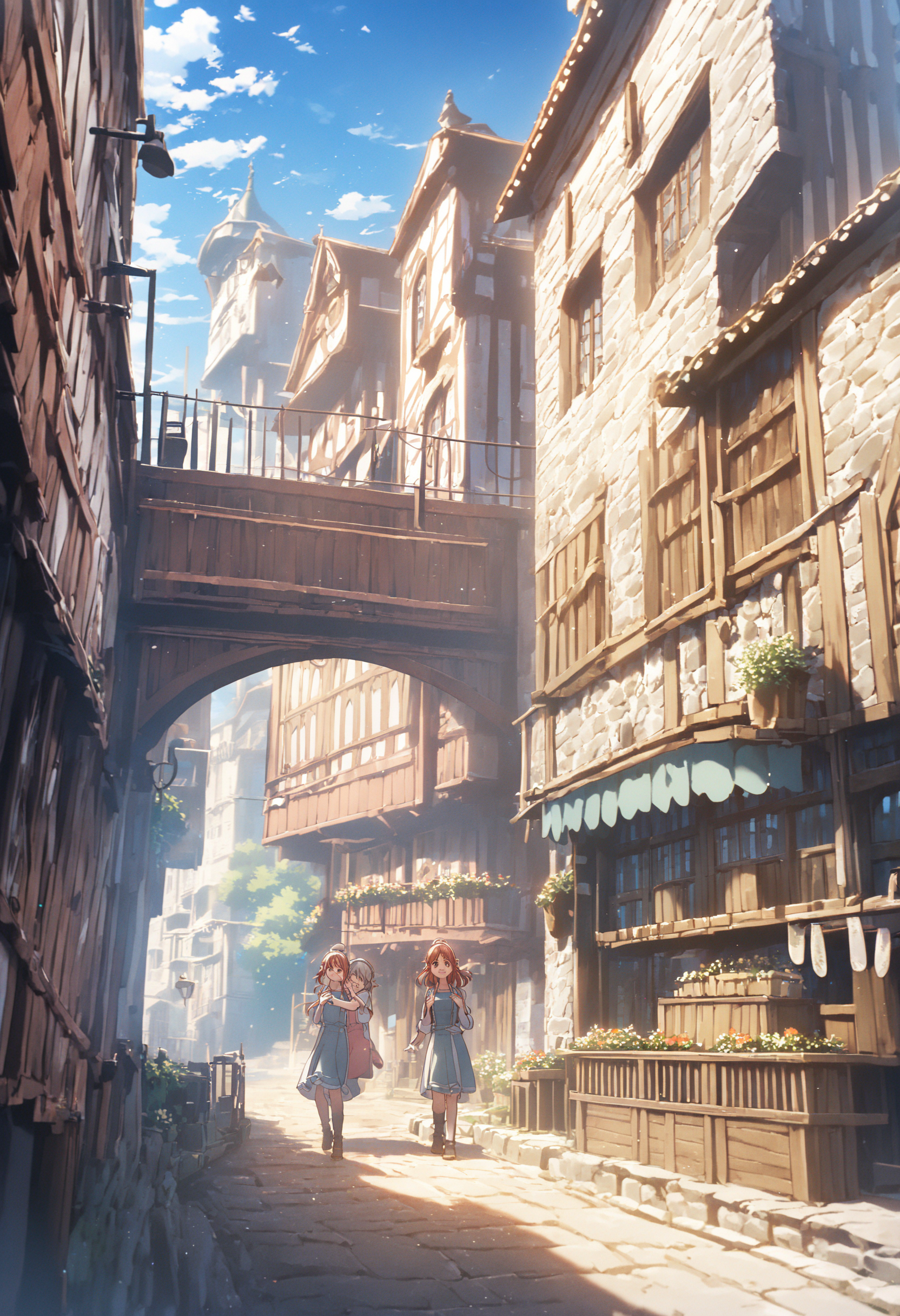 <lora:LoRA_Amazno_Kozue_Style_SDXL-000009:1.2> (amano kozue:1.2),
best quality, 4k, very aesthetic, absurdres, 
(2girls, yuri:1.3), clear eyes, scenery, 
blue sky, town,