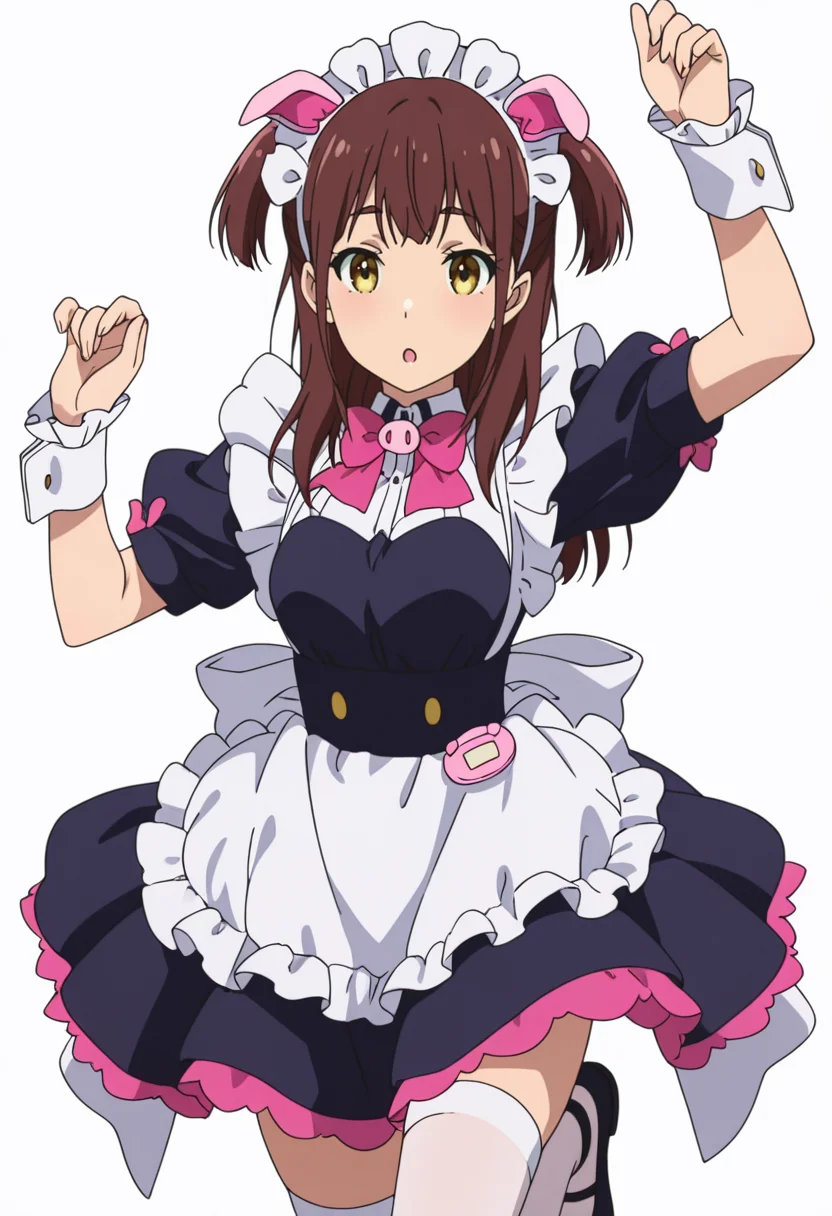 Smooth Quality,masterpiece,very intricate, high quality details, ultra realistic, high detailed skin,detailed enviorement,absurdres,anime screencap, 
simple background, white background, dancing, solo
 <lora:Wahira_Nagomi_CNR:0.8> wahira_cnr, 1girl,brown hair, long hair, two side up, yellow eyes,pig ears, fake animal ears,maid, maid headdress, maid apron, puffy short sleeves,white thighhighs, black footwear, wrist cuffs, frills, pink bowtie,, afterglow,, :o,