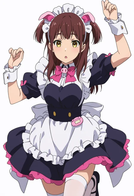 Smooth Quality,masterpiece,very intricate, high quality details, ultra realistic, high detailed skin,detailed enviorement,absurdres,anime screencap,
simple background, white background, dancing, solo
<lora:Wahira_Nagomi_CNR:0.8> wahira_cnr, 1girl,brown hair, long hair, two side up, yellow eyes,pig ears, fake animal ears,maid, maid headdress, maid apron, puffy short sleeves,white thighhighs, black footwear, wrist cuffs, frills, pink bowtie,, afterglow,, :o,