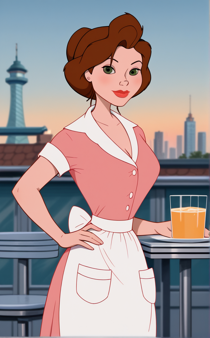 score_9, score_8_up, score_7_up, absurdres, contrapposto, hand on hip, sunset, sidelighting, cityscape, vanishing point, outdoors, depth of field, solo, looking at viewer, <lora:PONYXL_IronGiant_AnnieHughes_ownwaifu:1>, BREAK MAIN_AnnieHughes_ownwaifu, 1girl, breasts, brown hair, eyeshadow, green eyes, lipstick, makeup, nose, red lips, short hair, short sleeves, pink shirt, pink dress, single hair bun, waist apron, white apron, buttons, waitress, white bow, back bow, collared shirt, medium breasts, mature female, collared dress, thick lips, large breasts,<lora:add-detail-xl:0.15>,