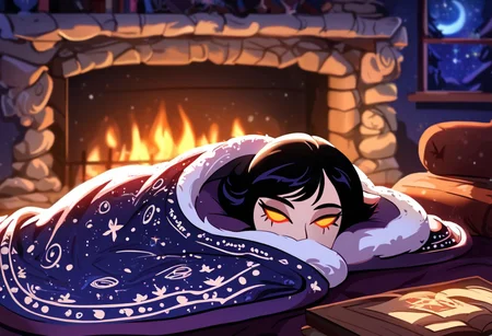 score_9_up,score_8_up,score_7_up,cozy,sprawling fantasy town beyond the end of reality, solo, masterpiece,high detail, high resolution, high quality, best quality, perfect face, perfect eyes, StlsGtia_Dskfll, Stolas laying on sofa, wrapped in cozy blanket, warm fireplace in background, fire embers, galaxy view in window,blanket,comfyblanket
