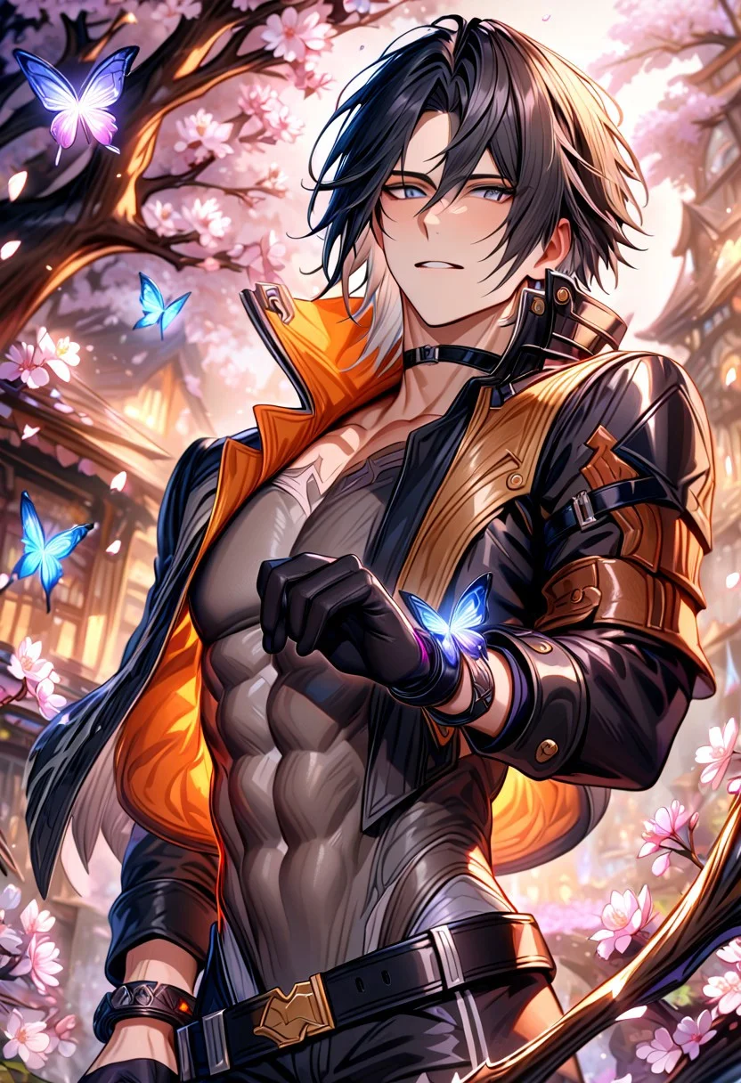 Absurdres, high-res, HDR, 8k, ultra detailed, masterpiece, HD, Hugo Pennywort, black hair, his hair has white tips, no fringe, without bangs, expressive dark grey eyes, God Eater 3, solo, sexy man, handsome, adult face, masculine, sensual, cropped black jacket with orange inside, black choker, black gloves, big red bracelets, gray tight leotard, black pants, black belts, magical, fantasy, cherry blossoms, sparkling butterflies