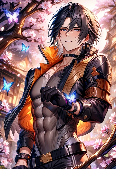 Absurdres, high-res, HDR, 8k, ultra detailed, masterpiece, HD, Hugo Pennywort, black hair, his hair has white tips, no fringe, without bangs, expressive dark grey eyes, God Eater 3, solo, sexy man, handsome, adult face, masculine, sensual, cropped black jacket with orange inside, black choker, black gloves, big red bracelets, gray tight leotard, black pants, black belts, magical, fantasy, cherry blossoms, sparkling butterflies