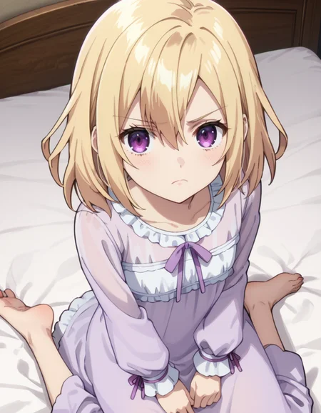 score_9, score_8_up, score_7_up, source_anime, BREAK
1girl, looking at viewer, solo, simple background, dark night, sitting, bed, bedroom, frown, from above,
jill cervel (yariryuu), short hair, blonde hair, hair between eyes, dark purple eyes,
nightgown, frills, purple ribbon, long sleeves, puffy sleeves, barefoot,
<lora:jill_cervel-yariryuu_s1_v2-anime-soralz:1>
