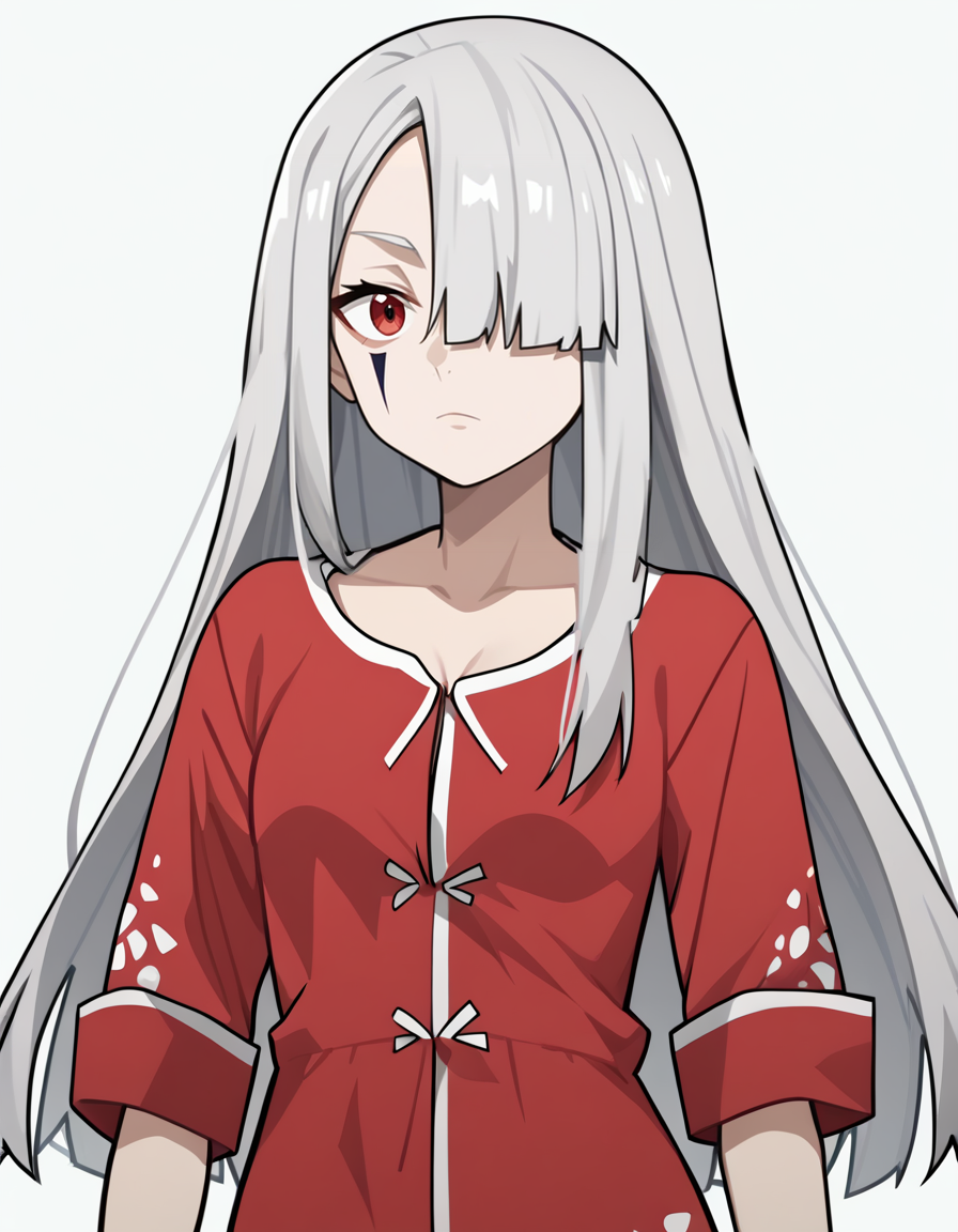 score_9,score_8_up,score_7_up,pajamas,white background,looking at viewer,
<lora:shabolina_pony:0.7>,shabolina,1girl,solo,long hair,bangs,hair over one eye,facial mark,red eyes,grey hair,thighs,<lora:Anime_Screencap:1>,anime screencap,
