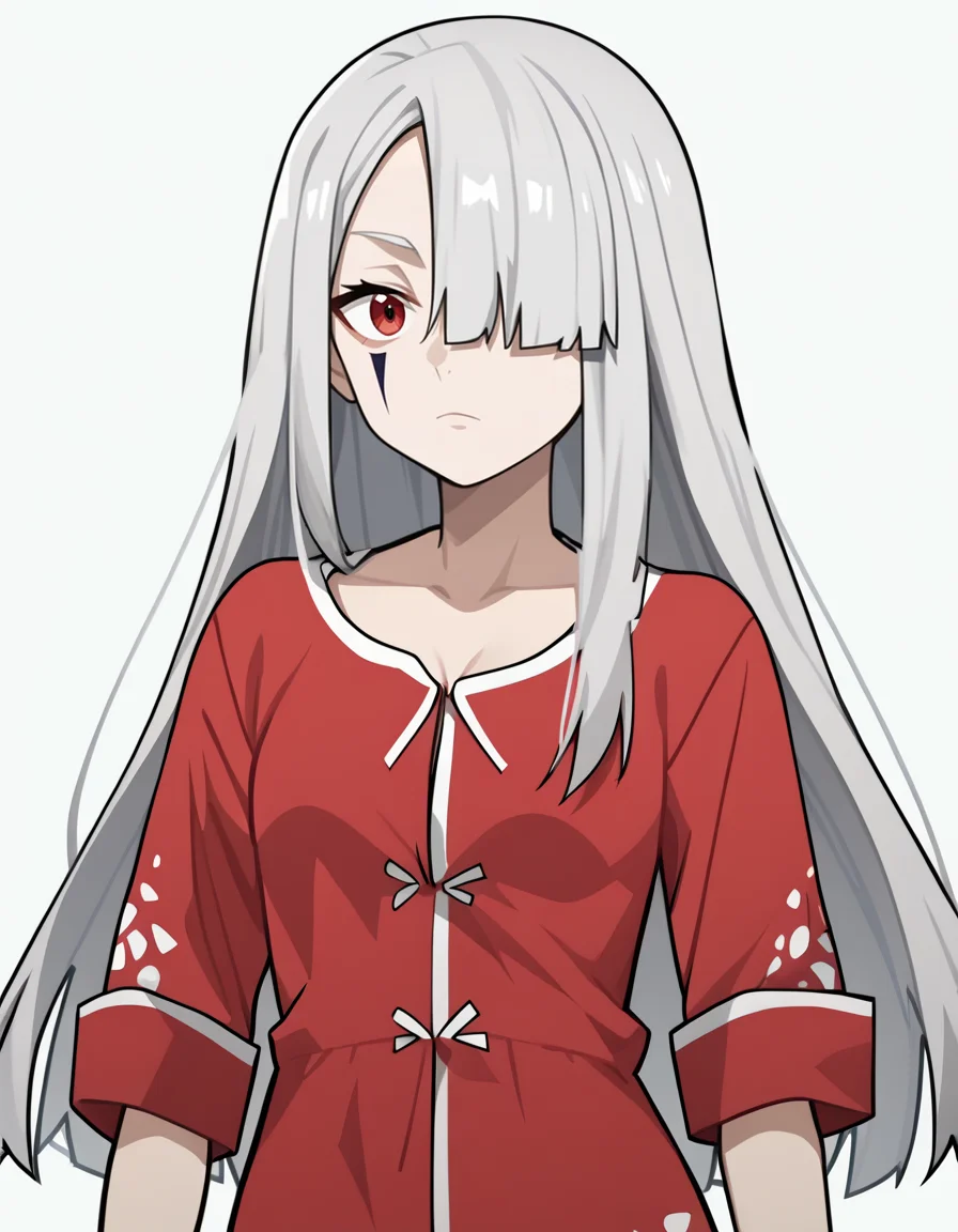 score_9,score_8_up,score_7_up,pajamas,white background,looking at viewer,
<lora:shabolina_pony:0.7>,shabolina,1girl,solo,long hair,bangs,hair over one eye,facial mark,red eyes,grey hair,thighs,<lora:Anime_Screencap:1>,anime screencap,
