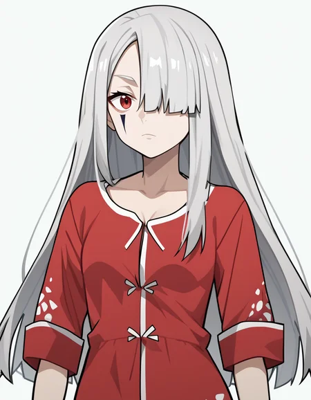 score_9,score_8_up,score_7_up,pajamas,white background,looking at viewer,
<lora:shabolina_pony:0.7>,shabolina,1girl,solo,long hair,bangs,hair over one eye,facial mark,red eyes,grey hair,thighs,<lora:Anime_Screencap:1>,anime screencap,