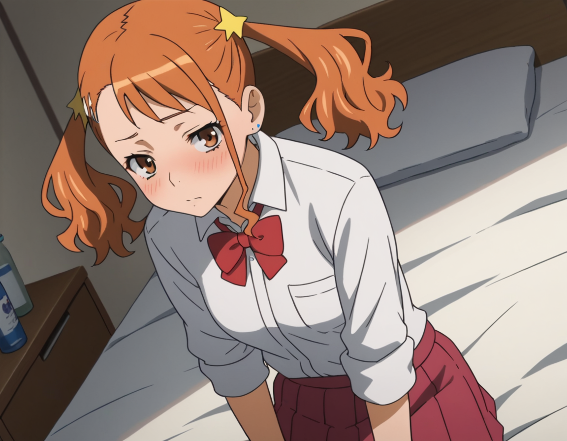 score_9, score_8_up, score_7_up, source_anime,
narukoanjou,  <lora:naruko-anjou-s1-ponyxl-lora-nochekaiser:1>,
naruko anjou, orange hair, twintails, brown eyes, hair ornament, star ornament, hair clip,
skirt, bow, school uniform, sleeves rolled up, red bowtie, shirt, white shirt, collared shirt, red skirt,
indoors, bed, bed room, on side, blush, drunk,
looking at viewer, solo, cowboy shot, dutch angle,