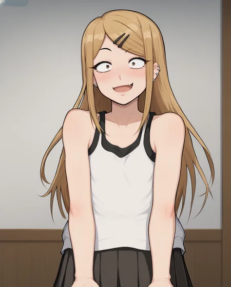 score_9, score_8_up, score_7, 1girl, solo, indoors, endou_saya, sanpaku, brown eyes, blonde hair, long hair, hairclip, white shirt, tank top, pleated skirt, <lora:endou_saya:1>, hair ornament, hairclip, long hair, ear piercing, jewelry, looking at viewer, blush, small breasts, open mouth, fang, collarbone, constricted pupils, bare shoulders, smile, standing, blush, <lora:AfrobullLycoXL:1>
