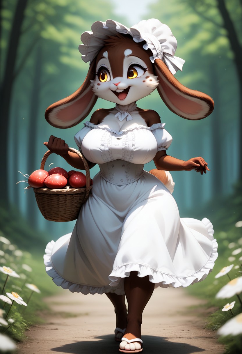 expressiveh, score_9, score_8_up, score_7_up, score_6_up, 1girl, anthro, source_furry, 
BREAK, rabbit, female, yellow eyes, brown fur, (short stature), (shortstack), (floppy ears), paws, wide hips, frilly red long dress with white spots, white bonnet, wearing sandals, large breast, carrying basket full of pastries, walking,
BREAK, forest, woods, giant mushrooms, fantasy setting, happy, laugh, blurry background, depth of field, vivid colors, high contrast