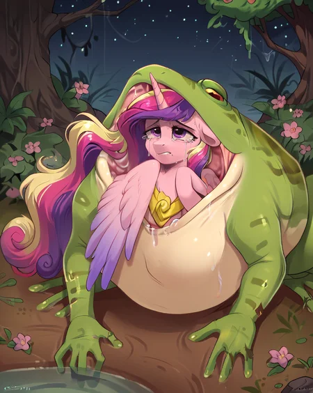 score_9, score_8_up, score_7_up, score_6_up, score_5_up, score_4_up, source pony, swamp, flower, vored, vore, frog, 1girl, princess cadance, hoof, wings, legs, tired, tears, defeated, night <lora:vore_frog:1>, ZPDXL, <lora:more_details:1> <lora:xl_more_art-full_v1:1> <lora:ugly_style:-1>