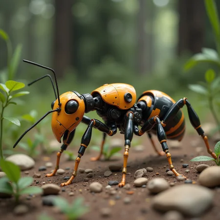 Generate a photorealistic image in 8K resolution featuring a full-body view of a robotic ant from head to toe. The composition should utilize a depth of field that focuses on the subject, capturing it as the main focal point within a realistic setting. Ensure the depiction is natural and pays close attention to accurate textures and lighting throughout the scene.