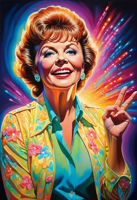The "Kathie Mayberry" artwork captures the dynamic essence of the legendary person through vibrant colors and luminous effects, creating an ethereal representation that celebrates her iconic stage presence. The use of glowing elements emphasizes her charisma and energy, transforming the portrait into a captivating homage that resonates with fans and art lovers alike, refined, defined, highly detailed, follow negative prompts,