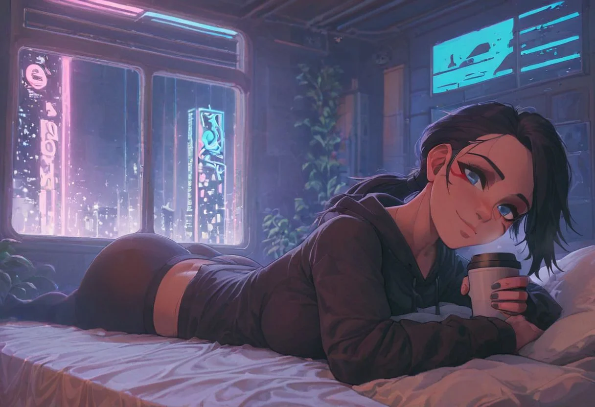 score_9,score_8_up,score_7_up,score_6_up, 1girl,
sitting in bed next to a large window, holding coffee cup, steaming coffee cup on windowsill, wearing croptop hoodie, black croptop hoodie, long hair, black hair, low ponytail hairstyle, pov from outside, view from putside the window looking into the room, looking out window, head resting on pillow laying on the bed, hoodie, plants on the windowsill, looking out the window, looking at viewer, background is the bedroom, tidy bedrrom, small room, cramped bedroom, teddies on the bed,, wearing legging, see through thights, black tights, cyberpunk city view out of the window, neon light, purple neon lights, has a vape