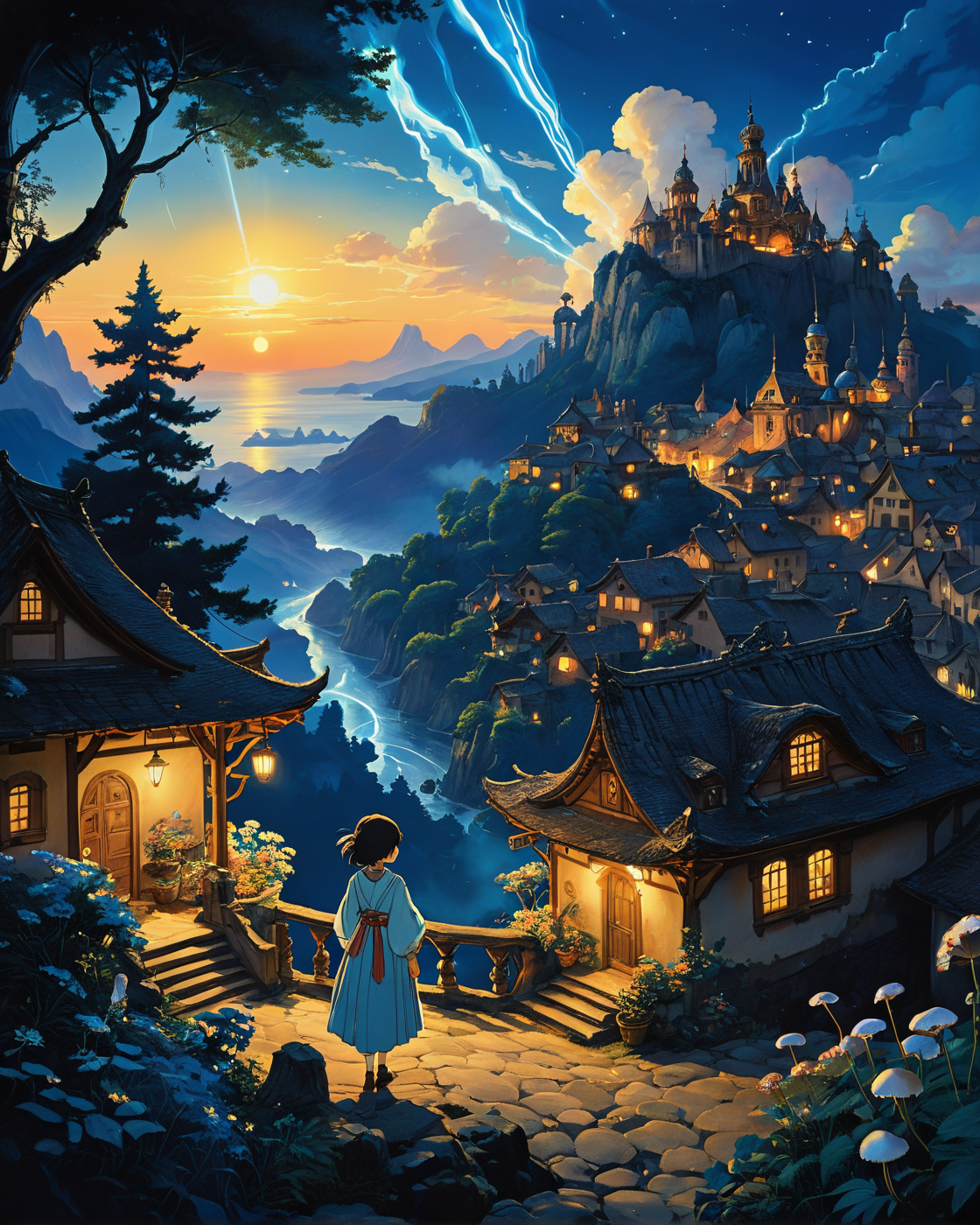 a wanderer between worlds in flowing bright clothes, (epic landscape:1.5),  (studio ghibli drawing), (studio ghibli painting),best quality, masterpiece, extremely detailed,  professional  art,  professional painting, an extremely delicate and beautiful, dynamic,  great lighting, perfect shading, professional shading, depth of field,   side soft light, elegant, gorgeous, highly detailed,   full shot, uncropped,   pure genious, absolutely perfect,  highly detailed, breathtaking,
image style is Cyanotype with intricate  Osamu Tezuka  incluence ,, on a terasse , looking at the skyline of the medevial village of the baroque era in the style of Terry Pratchet , supernova, impressive light scenery, cinematic lighting, godrays, light beams ,  , at sunset,a magical forest clearing with glowing mushrooms, and a gentle breeze carrying the scent of flowers.,
<lora:0d28507d-6abc-443d-9c00-5f399ab8c7eb.TA_trained:0.7>,
<lora:EldritchRomanceIllustration1.3.1:0.3>,
<lora:- SDXL - vanta-black_contrast_V3.0:0.2>,
<lora:add-detail-xl:0.7>,
<lora:detailed_notrigger:0.7>,