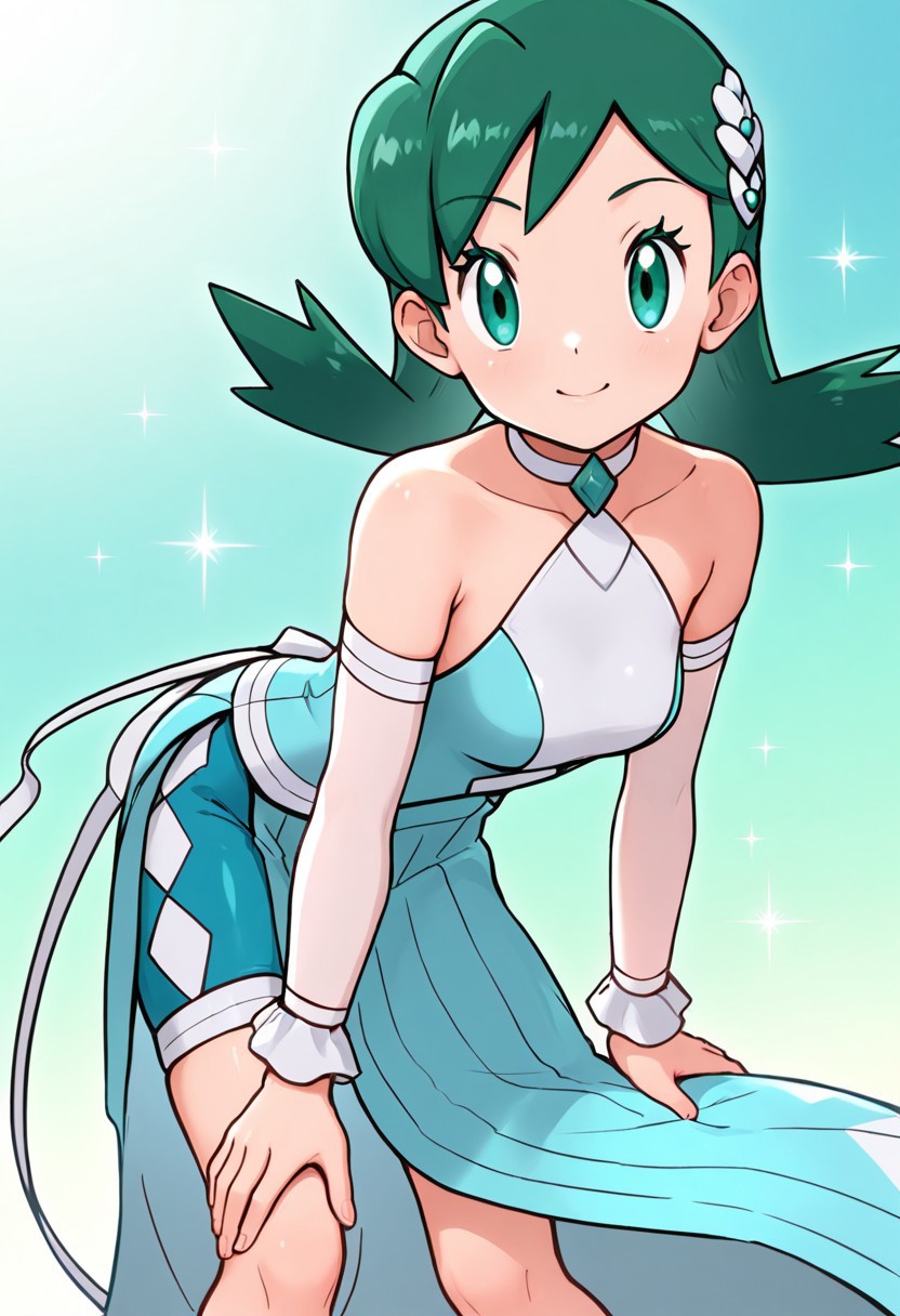 2d, masterpiece, best quality, amazing quality, 1girl, solo, close-up, standing, smile, leaning_forward, looking at viewer, multicolored background, sparkle, gradient background, colorful background, green background, blue background, 
sygkris, kris \(pokemon\), green eyes, green hair, medium hair, hair ornament, halter dress, bare shoulders, choker, aqua dress, side slit, detached sleeves, wrist cuffs, aqua shorts, shorts under dress, long dress