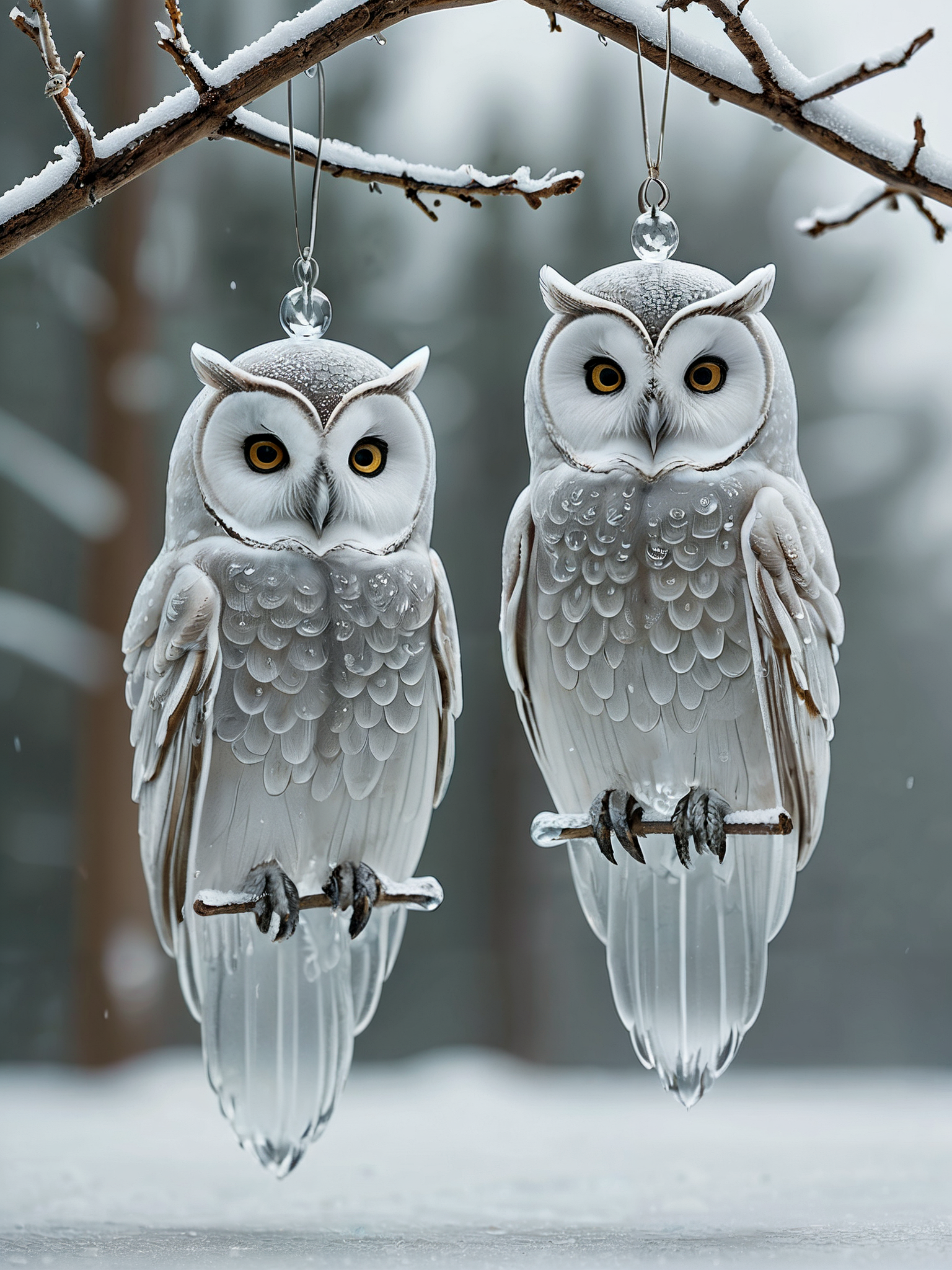 award winning photo, 

Artistic, Crystallized translucent icy (ice owls:1.95) hanging in the snowy air,