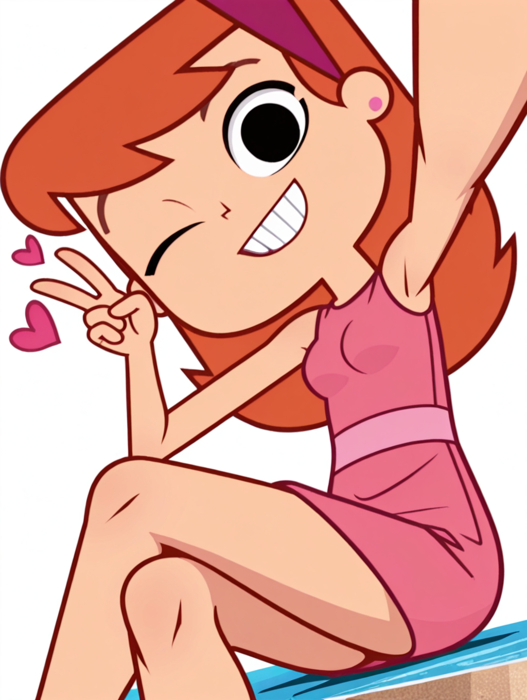 VanaGlamaZYN, 1girl, solo, hairband, dress, black eyes, jewelry, earrings, pink dress, orange hair, standing, long hair, breasts, cowboy shot, looking at viewer, beautiful, ((beautiful face, beautiful eyes)), (smile, dutch angle,naughty pose, cute, sitting, crossed legs, open mouth, :d, grin, looking at viewer, heart, selfie, arm up, foreshortening, looking at viewer, outstretched arm, v, hand up, reaching, reaching towards viewer, smile, beach, navel, g-string, one eye closed, open mouth, solo, dynamic pose, full_body, head tilt,),((white background, White frame, white outline)),from direct beiow,(((from below:1.5))),