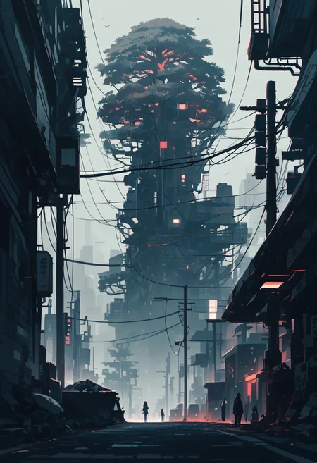 score_9, score_8_up, score_8_up, color charcoal drawing, (((cyberpunk robotic tree grows out of the street))), crater, glowing tree, falling paper, ground covered in trash, anime, cyberpunk, muted blues and grey color scheme, ruanyi0779,science fiction,neon lights,cable,industrial pipe
