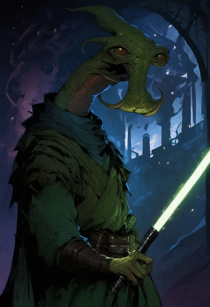 score_9, score_8_up, score_7_up, BREAK,
ithorian hammerhead alien on a space station, window showing stars and wormhole, dramatic lights, (((holding green lightsaber))), swordsman stance, Jedi Knight, Heroic Stance, (((ithorian hammerhead alien)))