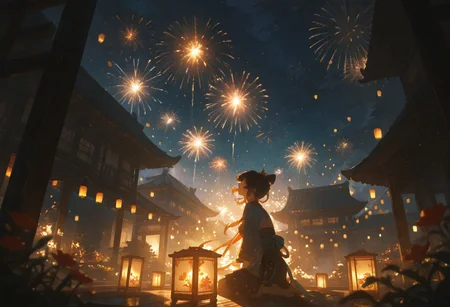 masterpiece, best quality, absurdres, very awa, absurdres,Chinese building, outside, lantern, night sky, flowers,wide shot,background,masterpiece, very aesthetic, absurdres, dimly lit, laterns, warm light,((impressionism, excellent depth of field, partly realistic texture, dramatic lighting)), sharp focus, newest,fireworks,night sky,lantern festival
BREAK
chaner,,sitting,wariza,looking up,,