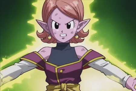 source_anime, score_9, score_8_up, score_7_up, anime screencap,8k, absurdres,
chronoa, 1girl, solo, bare shoulders, potara earrings, upper body, teeth, orange hair, pointy ears, black eyes, colored skin, parody, clenched teeth, magic, outstretched arm, purple skin, glowing, arm by side, white sleeves, sleeveless turtleneck leotard, purple tunic, kai tunic, looking at another, detached sleeves, collarbone, dirty face, dirty, blue leotard, small breasts, off shoulder, official style
<lora:chronoa_pony_v1:0.8>