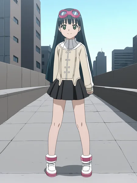 score_9, source_anime BREAK, oldest, anime screencap, outdoors, day, city, pose, <lora:KashaMaverick(Pony)-11:1>KashaMaverick, 1girl, solo, long hair, blue hair, goggles, goggles on head, pink goggles, sweater, multicolored sweater, turtleneck sweater, buttons, white buttons, miniskirt, black skirt, pleated skirt, shoes, visible hands, smile, looking at viewer,