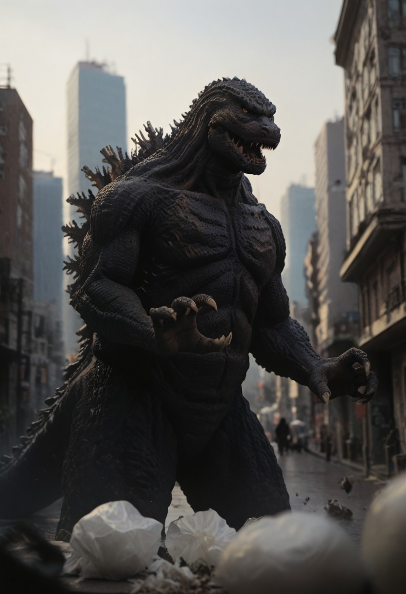 Score_9, score_8_up, score_7_up, score_6_up, zPDXL3, wide shot, monster focus, BREAK, realistic,hyperrealism,ornate,studio photograph, skinny Godzilla kaijuu,gigantic monster,  Claw pose, model_buildinga, model_kit_(medium), city skyline, plastic buildings, forced perspective, blurry background, building, outdoors,