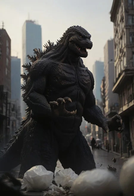 Score_9, score_8_up, score_7_up, score_6_up, zPDXL3, wide shot, monster focus, BREAK, realistic,hyperrealism,ornate,studio photograph, skinny Godzilla kaijuu,gigantic monster, Claw pose, model_buildinga, model_kit_(medium), city skyline, plastic buildings, forced perspective, blurry background, building, outdoors,