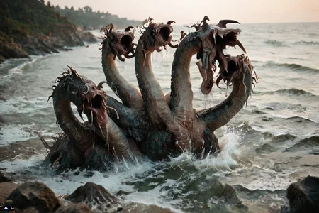 hires digital photo, photorealism, simple white background, full view, panoramic, <lora:DEKharibdyssPonyXL:0.8> whdekhar@, 1 kharibdyss monster, 5 heads, swimming in ocean, PonyXL_Scores, intricate details, high resolution,, rating_explicit