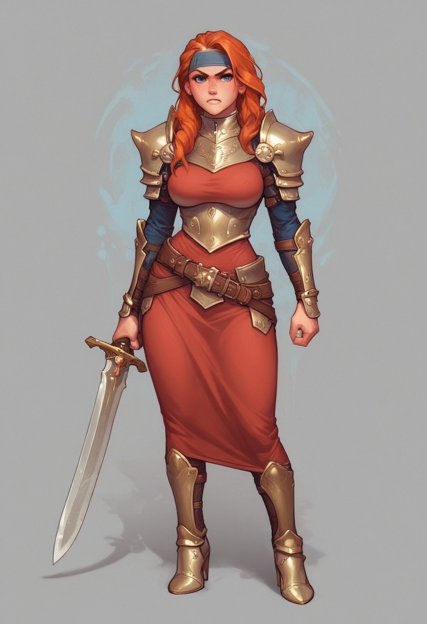 score_9, score_8, score_7, score_6, sk3tchb00k,
1girl, solo, Kimberly_SA,, orange hair, long hair, blue eyes, rusty steel armor, short red dress, fur shoulder pads, headband, blue eyes, shoulder pads, dynamic, big natural breasts, angry,
(((full-clothed))), ((long big sword in hands, two-handed sword in hands))
dynamic pose
BREAK 
strange world background score_9, score_8_up, score_7_up, score_6_up, source_cartoon, rating_explicit, Expressiveh, (((((full body))))), dynamic pose