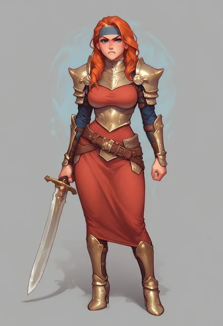 score_9, score_8, score_7, score_6, sk3tchb00k,
1girl, solo, Kimberly_SA,, orange hair, long hair, blue eyes, rusty steel armor, short red dress, fur shoulder pads, headband, blue eyes, shoulder pads, dynamic, big natural breasts, angry,
(((full-clothed))), ((long big sword in hands, two-handed sword in hands))
dynamic pose
BREAK
strange world background score_9, score_8_up, score_7_up, score_6_up, source_cartoon, rating_explicit, Expressiveh, (((((full body))))), dynamic pose